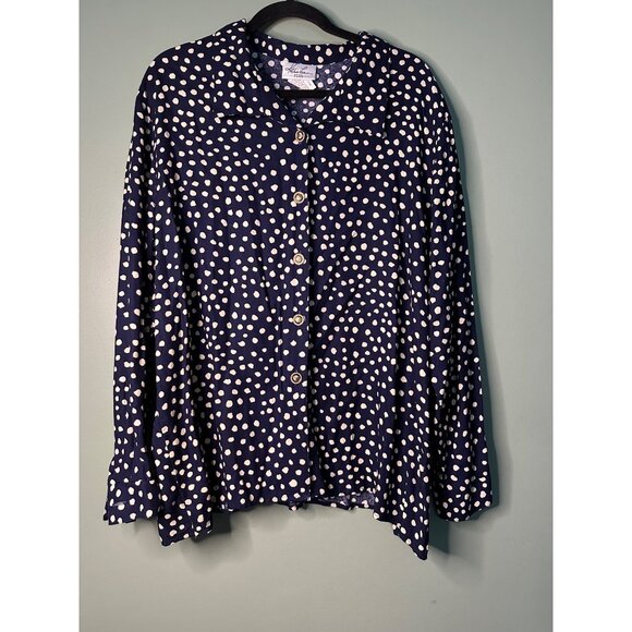 Kathy Lee 24W Navy Ivory Polka Dot Blouse Cottagecore Academia Y2K Vintage retro - Picture 1 of 7